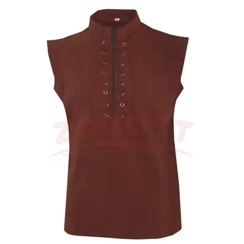 Medeltida renässanskrigare riddare kostym mantel skjorta toppar ärmlös t-shirt snörning design skjorta lös passform väst kläder 10 best sales medeltida tunika för män - №6