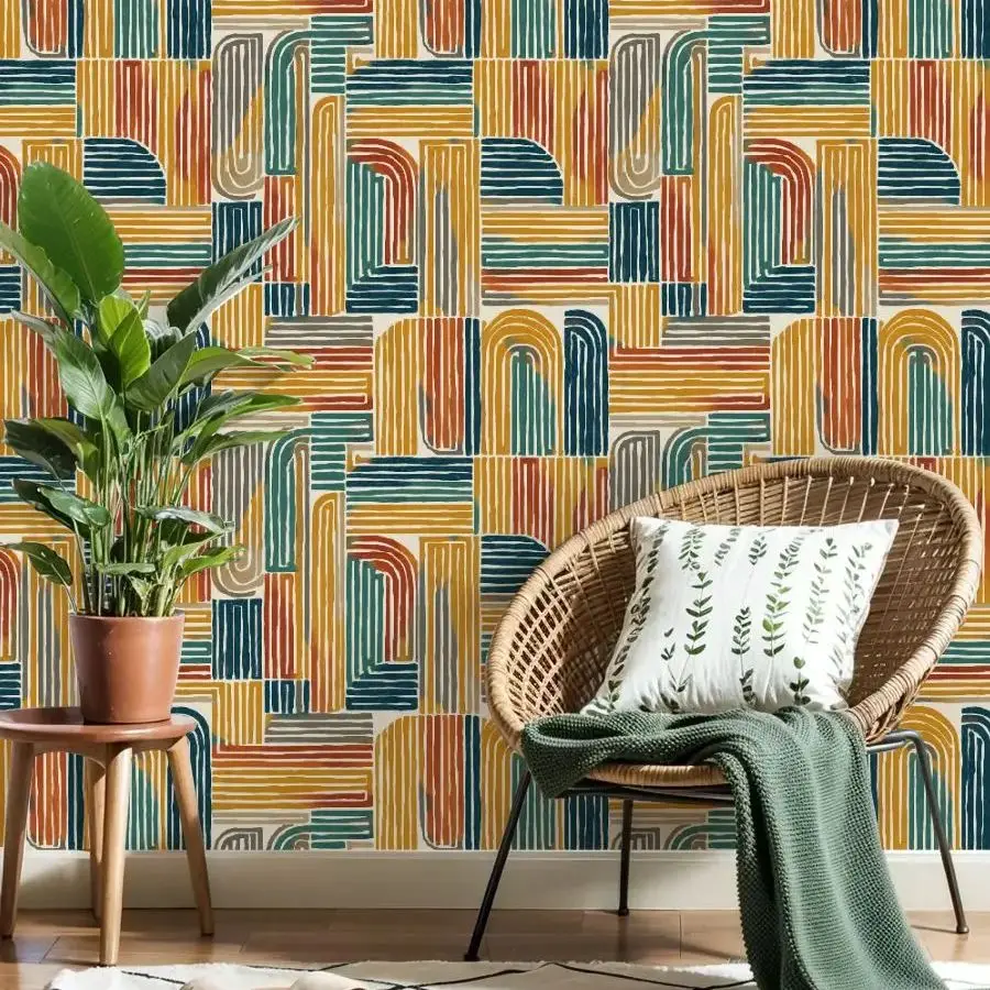 

Абстрактные геометрические землистые обои 22,83 "X 118" водонепроницаемые обои для гостиной/спальни/ванной комнаты ПВХ стикер на стену