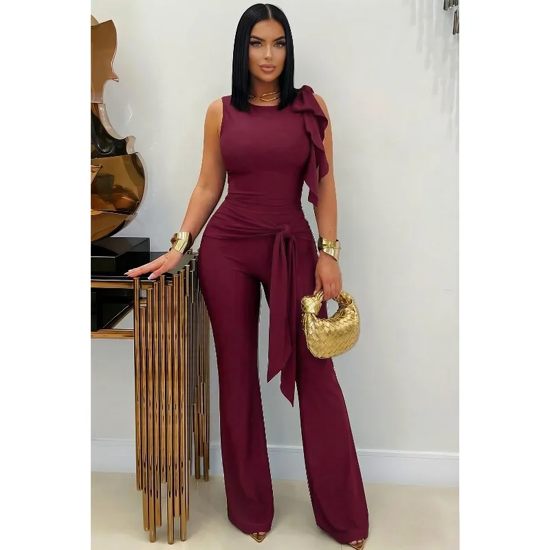 

GUWU Women's Clothing Personalized Strap Mushroom Edge Pleated Vest Top and Bell Bottom Long Pants Set