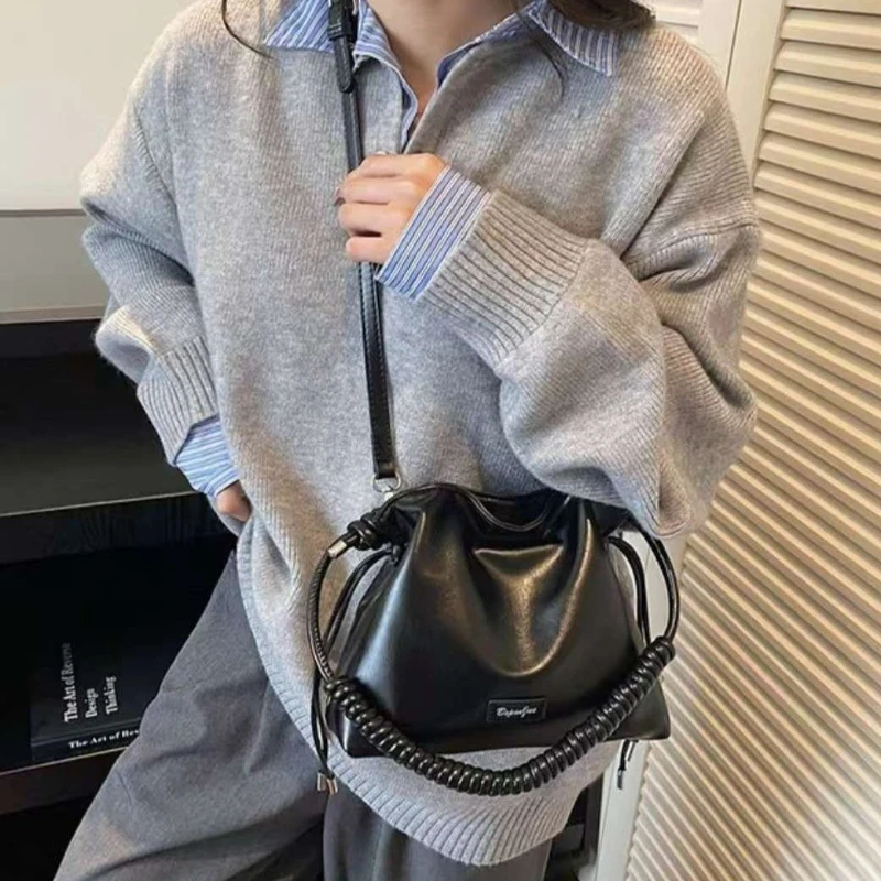 Black Coffee Brown Yellow Vintage Soft Drawstring Bucket Bag Ruched PU Leather Shoulder Crossbody Handbag Phone Purse For Women