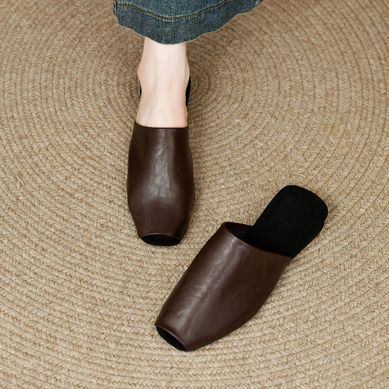 النساء البغال غطاء تو الصنادل جديد الصيف أحذية من الجلد للنساء موضة النعال الحديثة الشرائح النساء اللمحة تو أحذية كعب منخفض #6