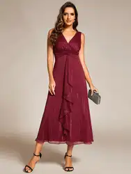 Elegant Evening Dresses Sleeveless Glittery Ruffled V-Neck 2024 Ever Pretty of Burgundy Midi Wedding Guest Dress