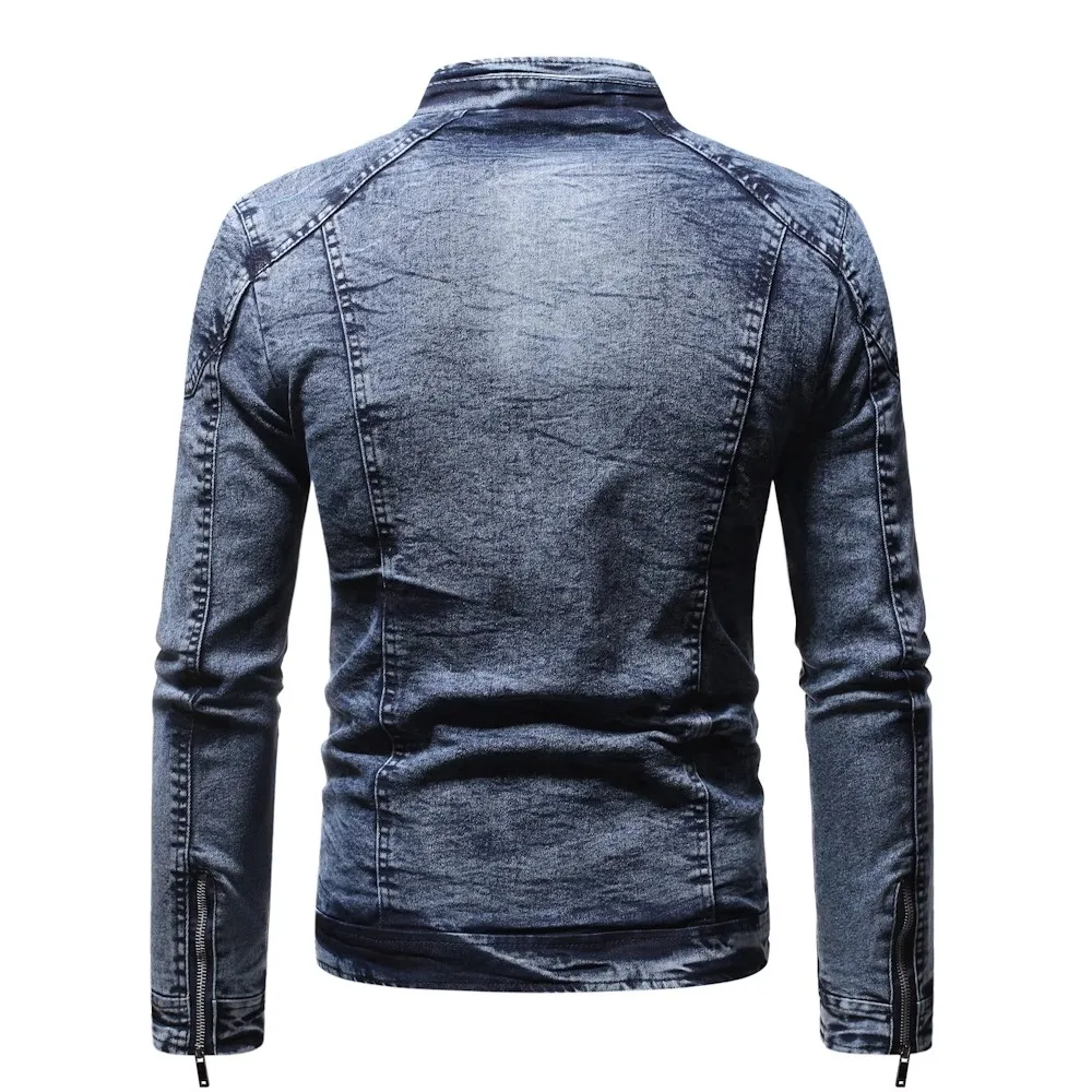 Blue Standing Collar Denim Jacket Men's, Fashion Casual Jacket, Black Gray Overcoat Male Outerwear M L XL XXL XXXL