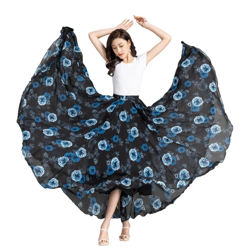 Female Vintage Elegant Maxi Skirts pleated Skirt Custom made Flower print chiffon long skirt Full linning Plus size 6XL