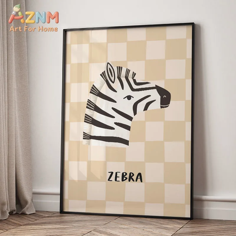 AZNM Pastel Checkered Jungle Wildlife Canvas Wall Art,Cute Cartoon Safari Animal Illustration Unframed Canvas Poster for Baby Nu