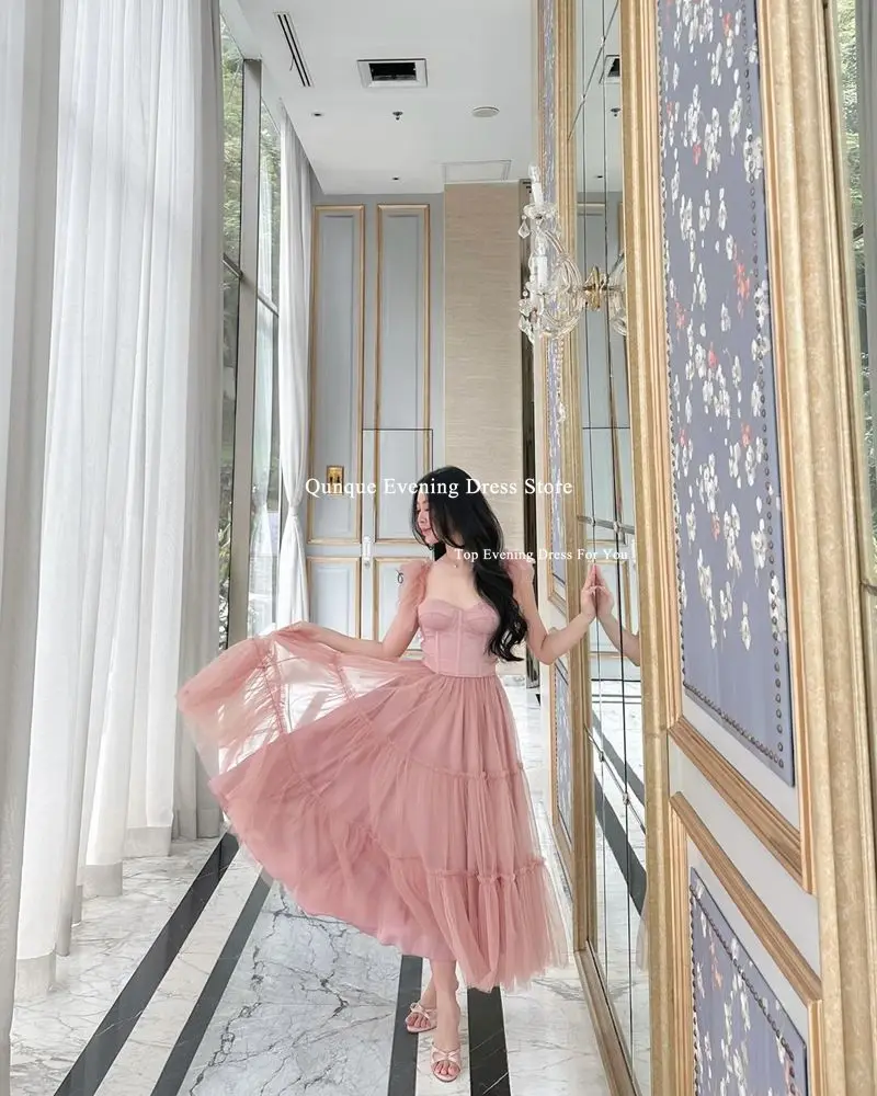 Qunque Straps Tulle Formal Prom Dresses Customized Skirt Ruched A Line Evening Gowns فساتين سهرة Women Cocktail Robes De Soirée