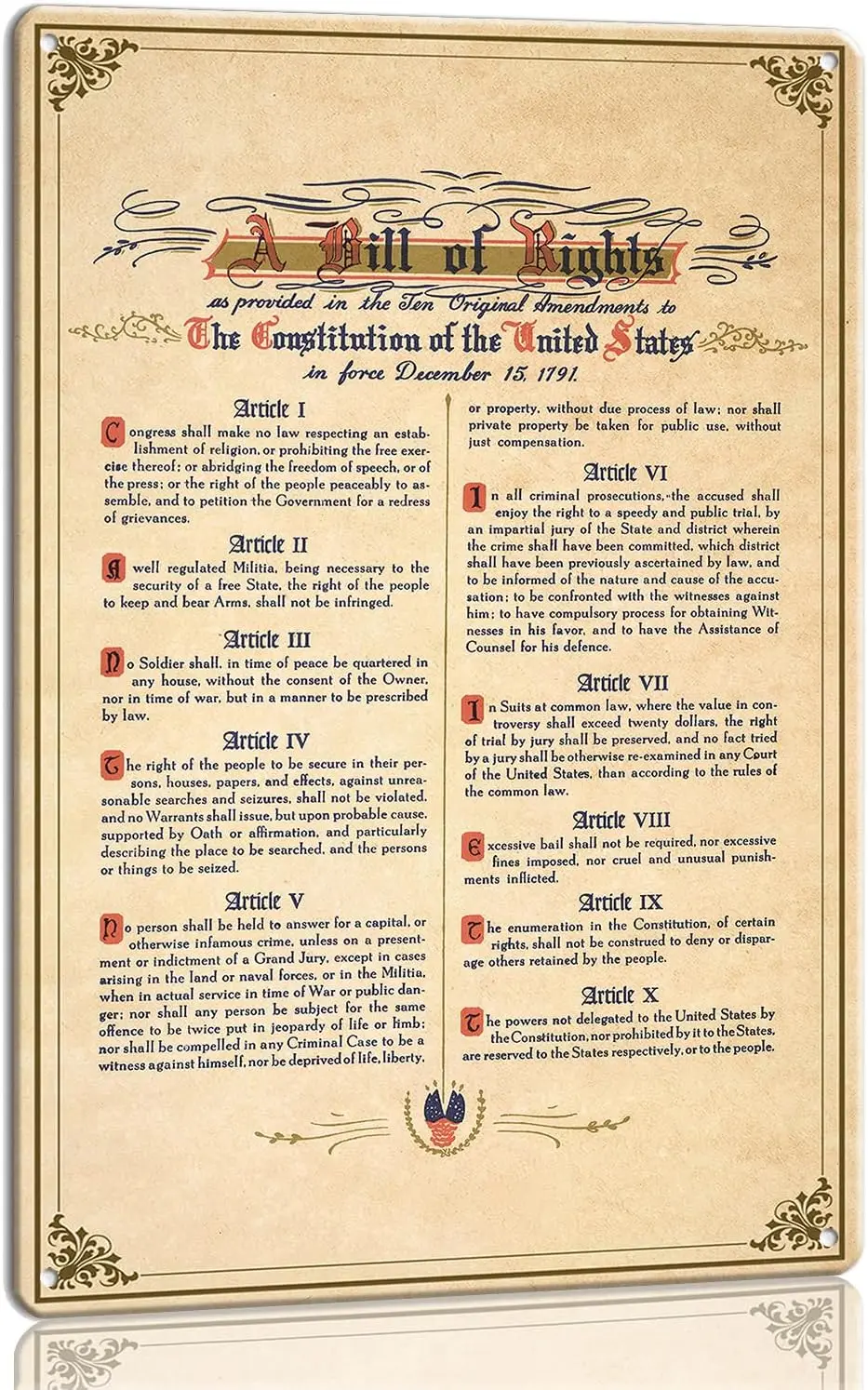 Metal Tin Sign The Us Constitution Bill of Rights Wall Art History Poster Decoration Vertical Prints Picture Paintings Living Ro