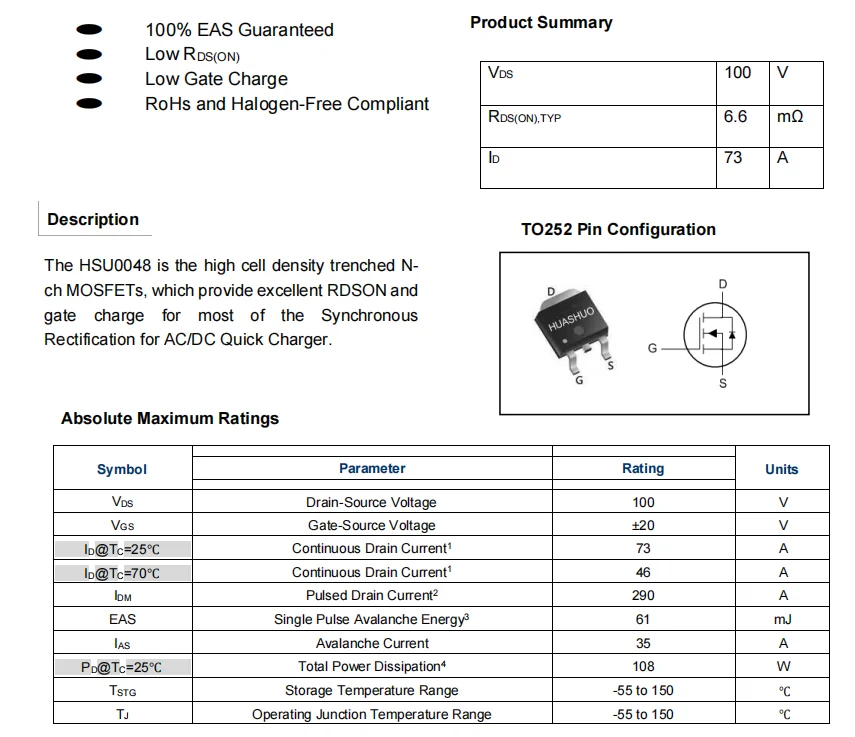 HSU0048 MOSFETs de comutação rápida N-Ch, 100V, 73A, 20 PCes pelo lote