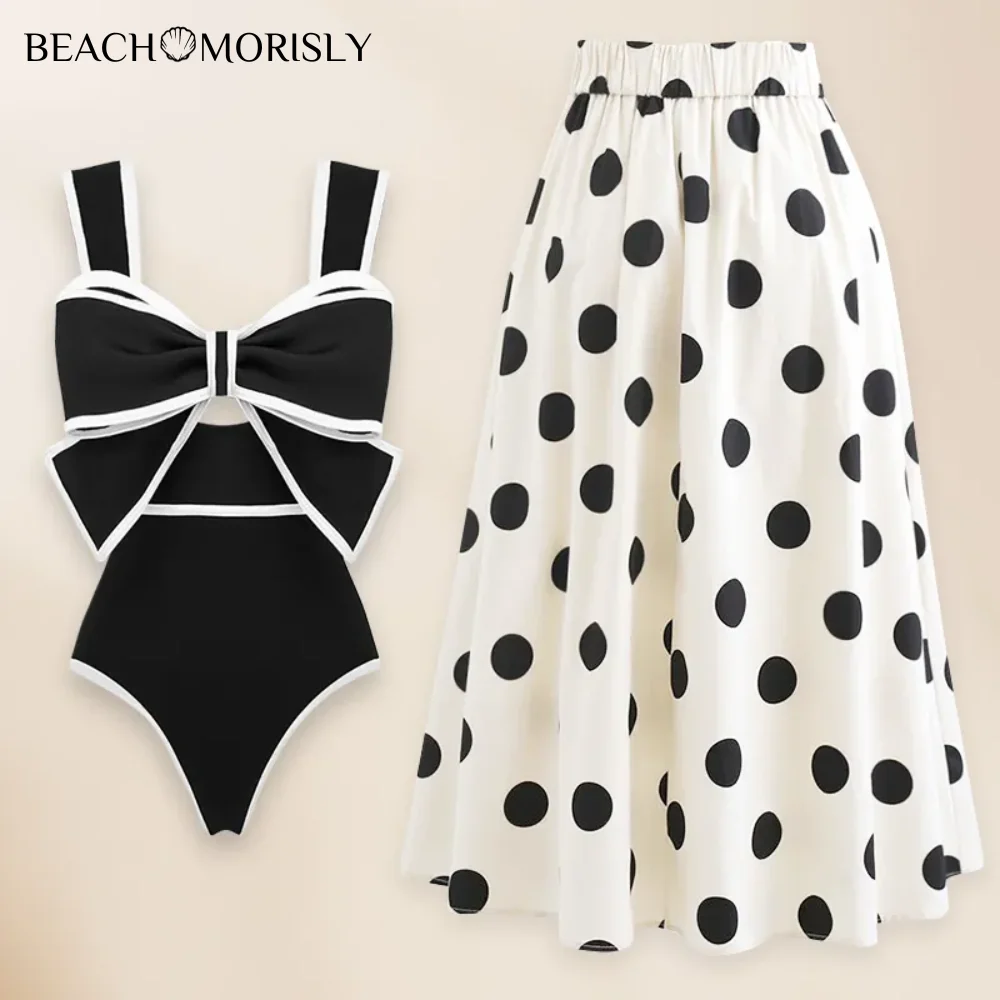 

2024 Retro 3D Flower Black and White Bow-tie Decor One Piece Women's Swimsuit and Skirt Swimwear Women Beachwear Bathing Su