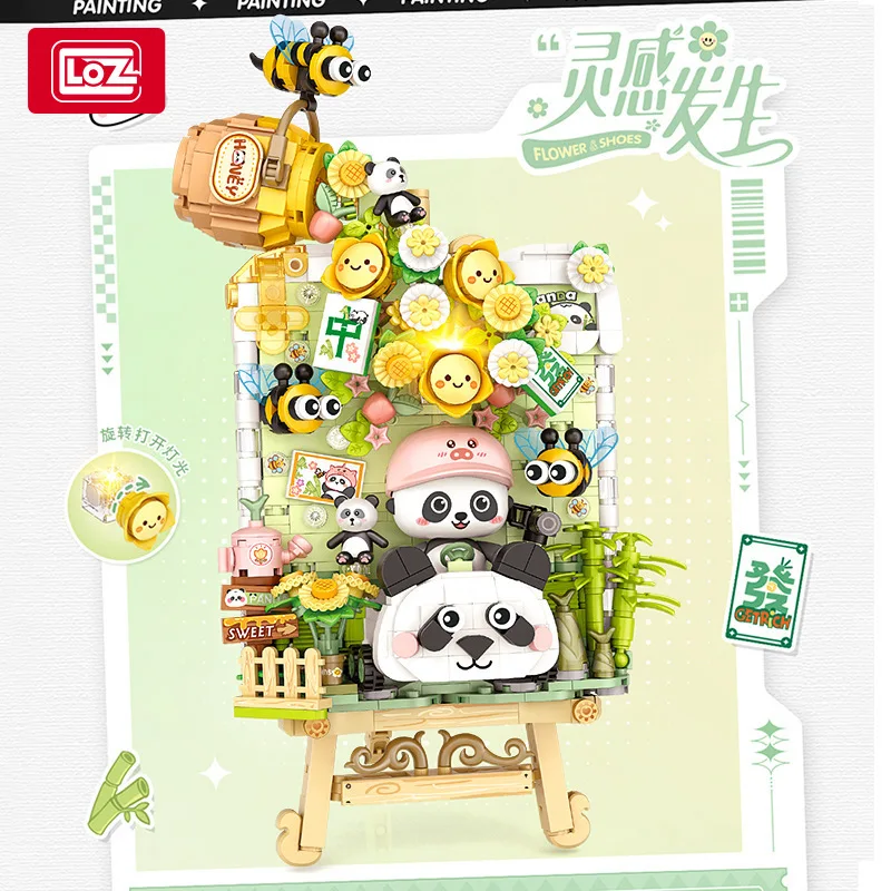 LOZ 3D Panda Easel Building Blocks Girl Painting With LED Friends Sets DIY Assembly Mini Bricks Puzzled Toys For Girls Gifts Kid