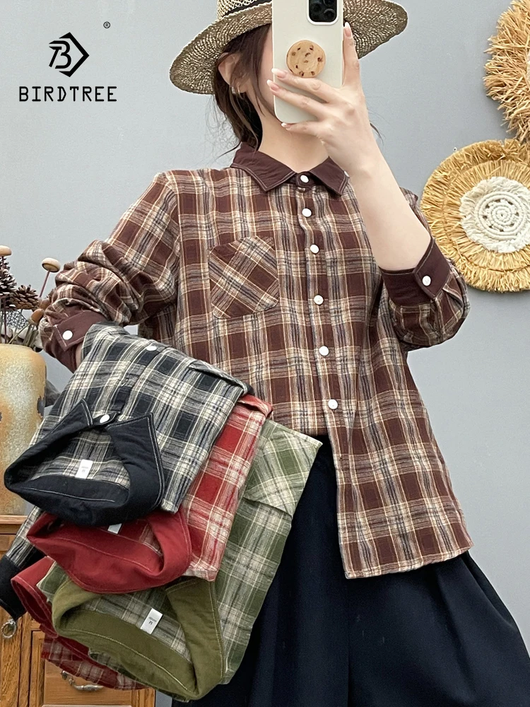 

New 2026 Spring Women Cotton Yarn Long Sleeve Shirt, Turn-down Collar Plaid, Mori Girl Vintage Casual Thin Loose Blouse T63988CC