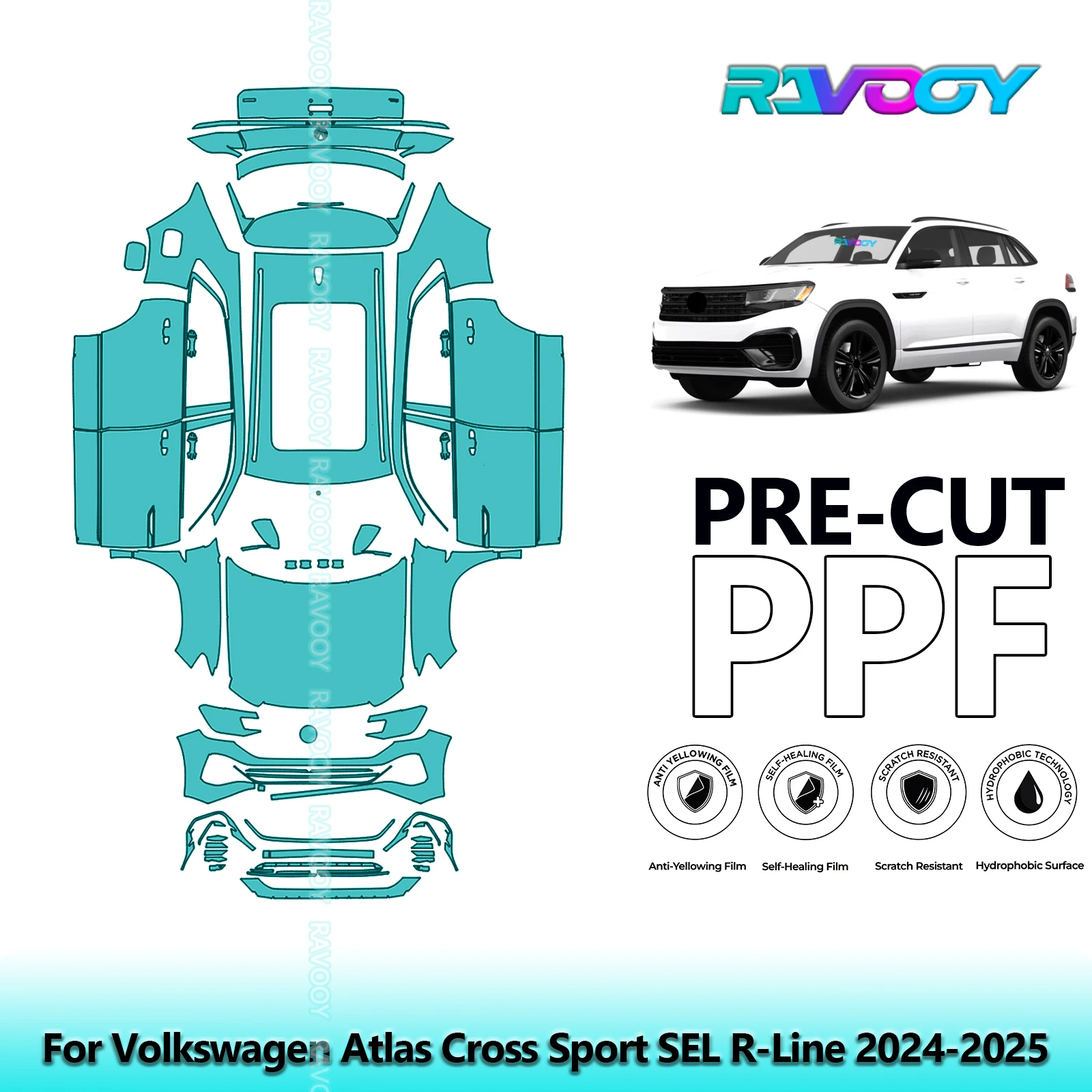 RAVOOY 8.5Mil Custom-Fit Precut TPU PPF Full Vehicle Clear Bra Stone Guard For Volkswagen Atlas Cross Sport SEL R-Line 2024-2026
