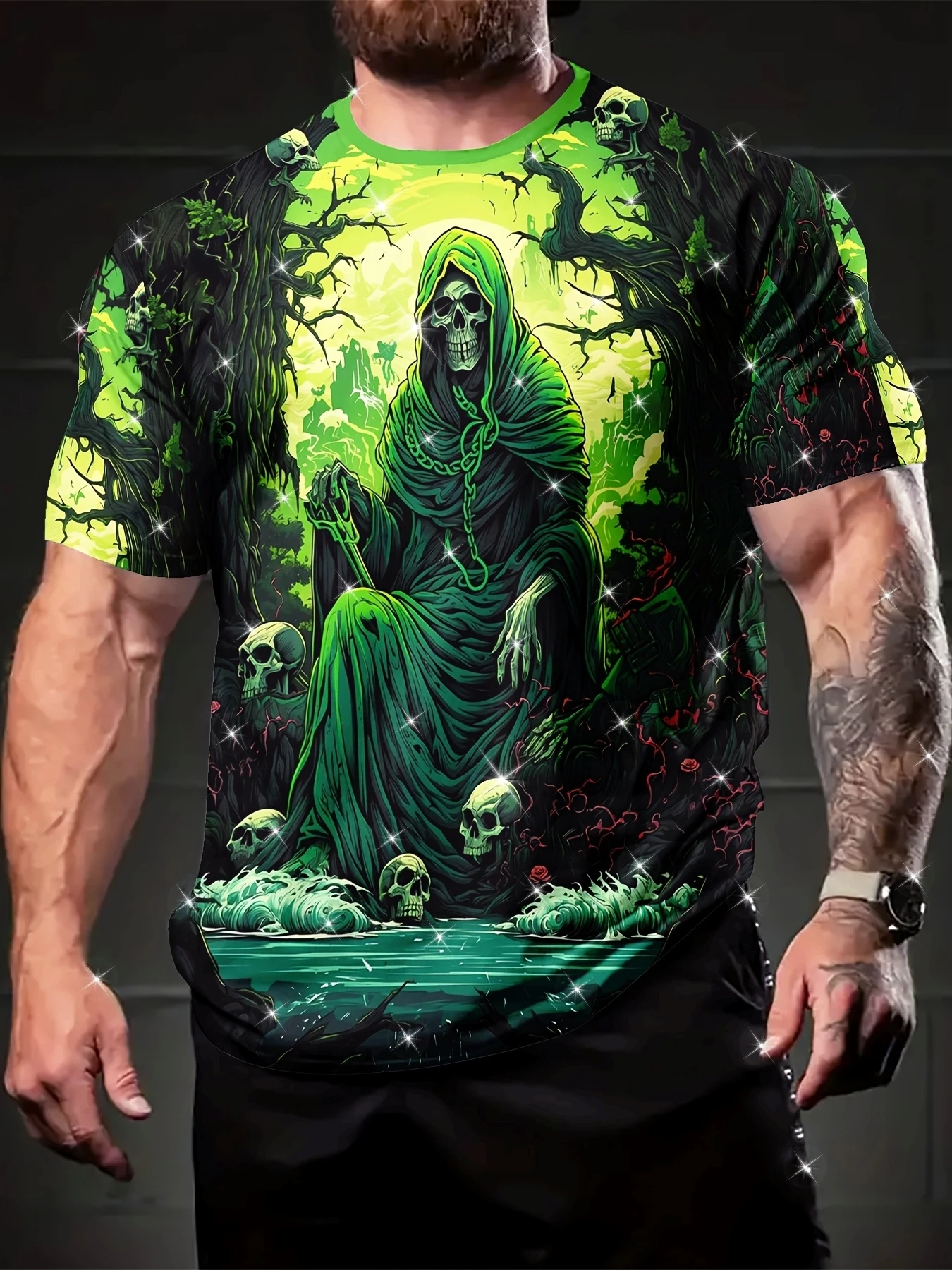 Men Green Grim Reaper Skull Twisted Tree Swamp Horror Print Short Sleeve Crew Neck Casual T-shirt