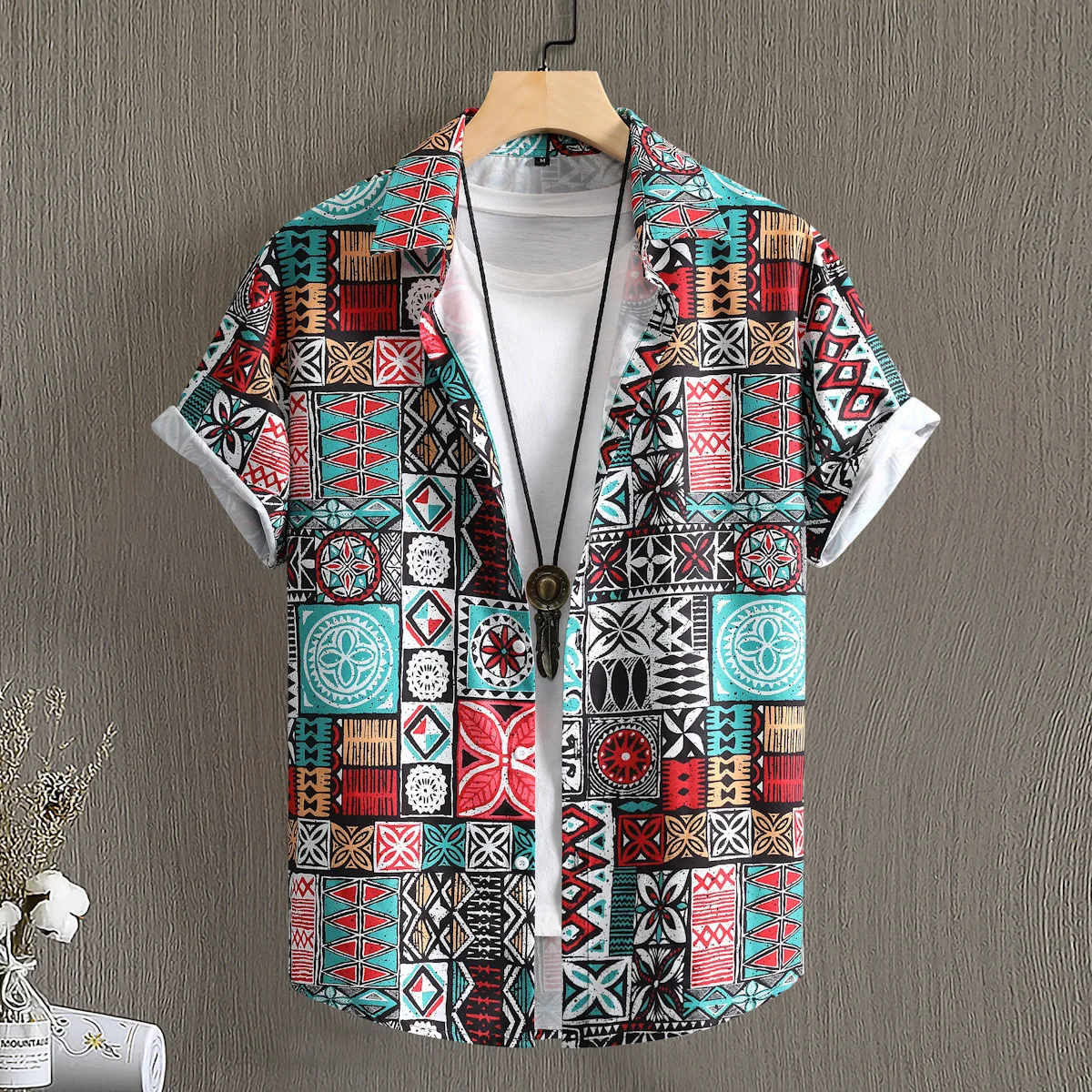 

URSPORTTECH Men Shirt Casual Beach Blouse Male Summer Shirts Men Short Sleeve Male Shirt Tops Plus Size Retro Print Shirts Men