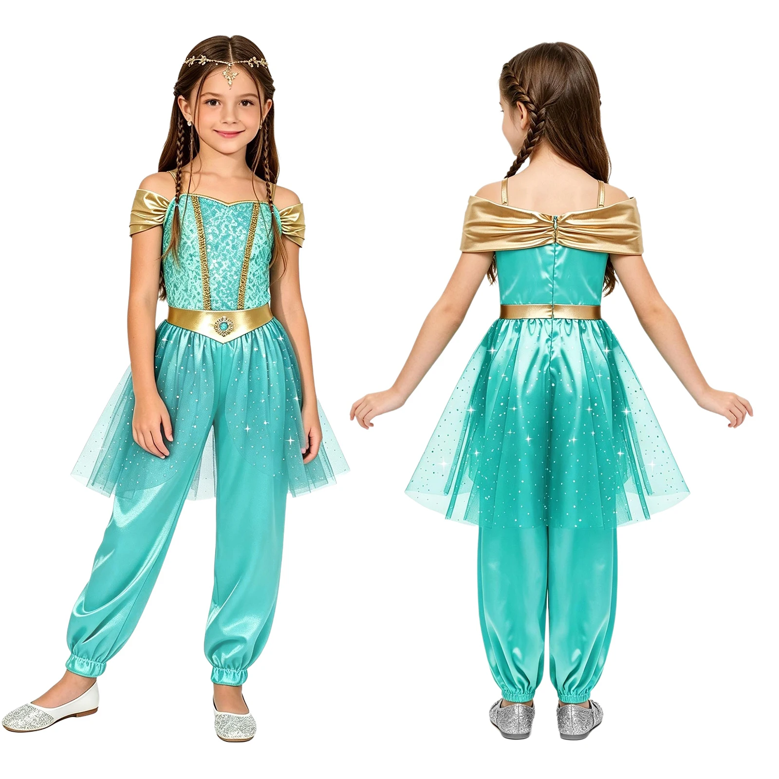 Kids Girls Arabian Princess Costumes Belly Dance Jumpsuit Metallic Sequin Bodice Tulle Satin Rompers Halloween Carnival Dress-up