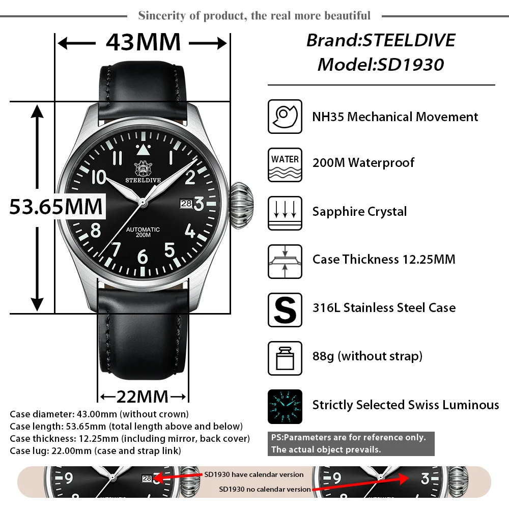 SteelDive-自動機械式腕時計,大型パイロット,200m防水,スイスブルーライト,316lステンレス鋼,ファッション時計,sd1930