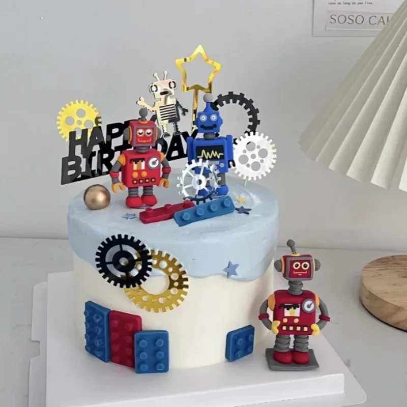 Roboter Gear Cake Topper Interaktive Roboter Dekor Alles Gute zum Geburtstag Jungen Party Cupcake DIY Roboter Thema Dekorationen Party Supplies – Detail 5