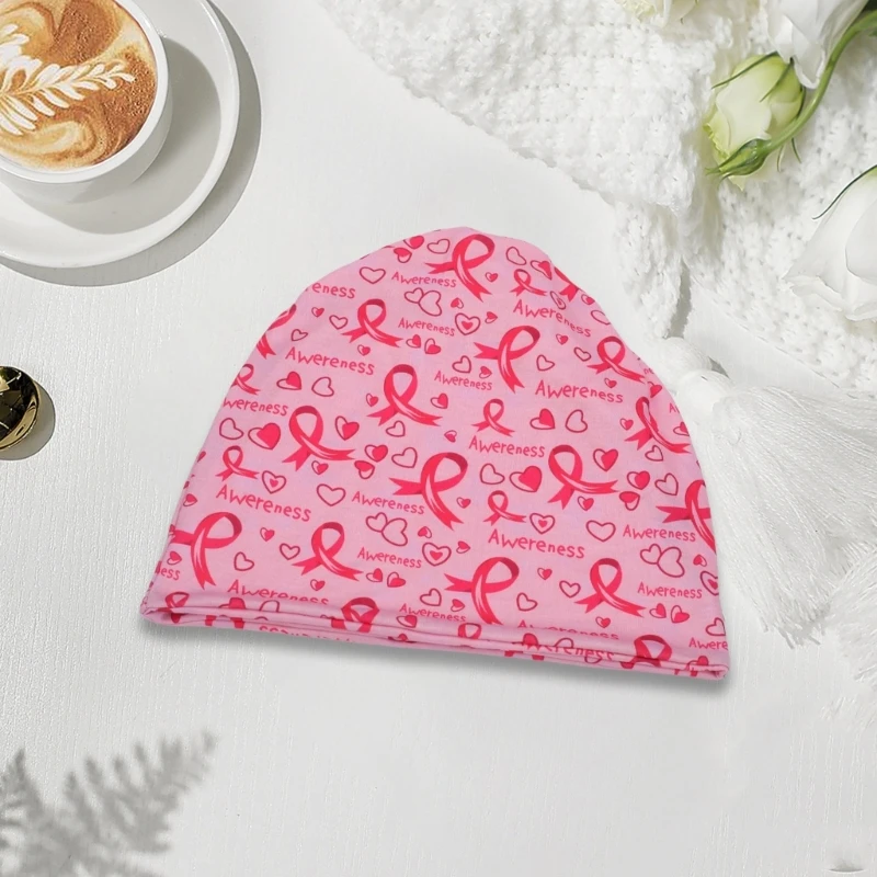 Breast Cancers Awareness Elastic Skull Hat Ribbon Printed Pattern Caps for Women