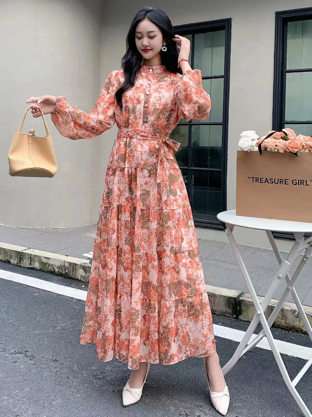 2024 New Spring Autumn Women Long Sleeve Bandage Slim Long Dress High Quality Fashion Floral Print Big Hem Chiffon Dress