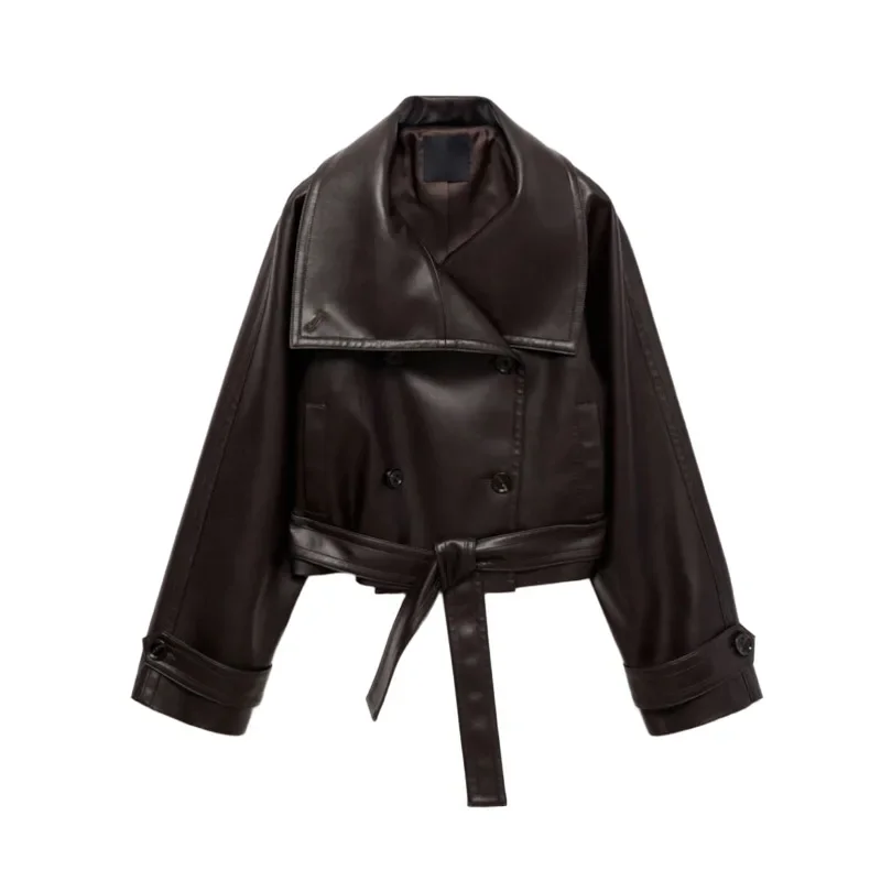2025 PU Leather Winter&Autumn Women Coat Solid Belt Lapel Pocket Full Sleeve Female Jacket  Lady Outwear Y2K Windproof Versatile