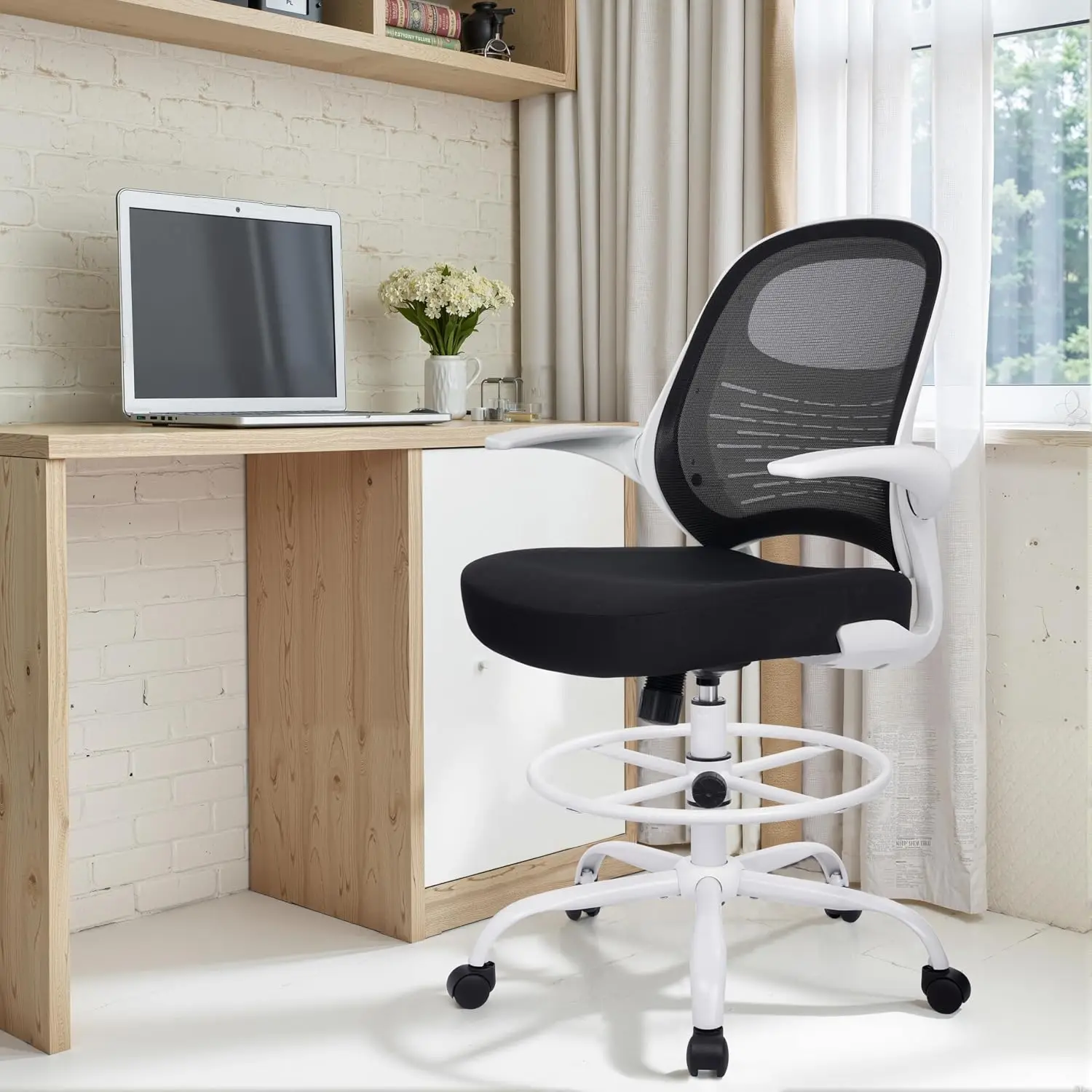 HYLONE Tall Drafting Chair Standing Desk Chair with Flip-Up Armrests, Adjustable Height Ergonomic Office Chair with Footrest Rin
