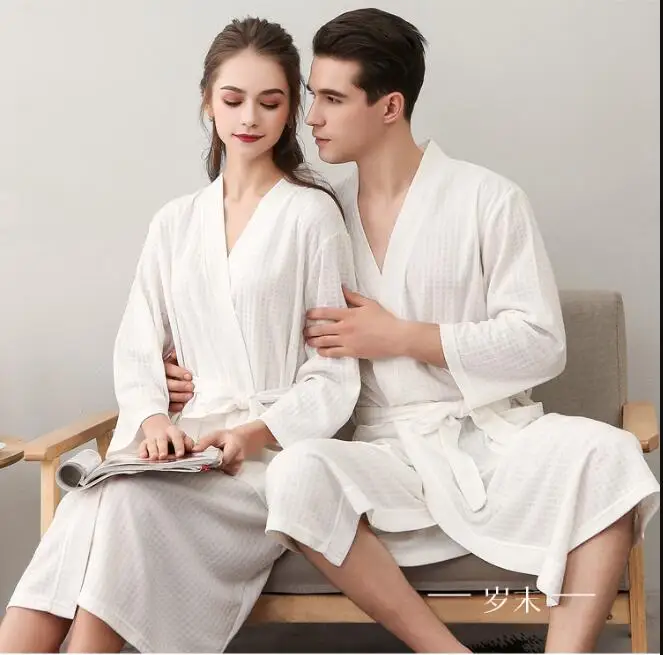 Men Couple Waffle Bathrobe Loungewear Kimono Bath Robes Robe Male Female Shower Sleepwear Long Resort Spa Robe Belt Sleepwear