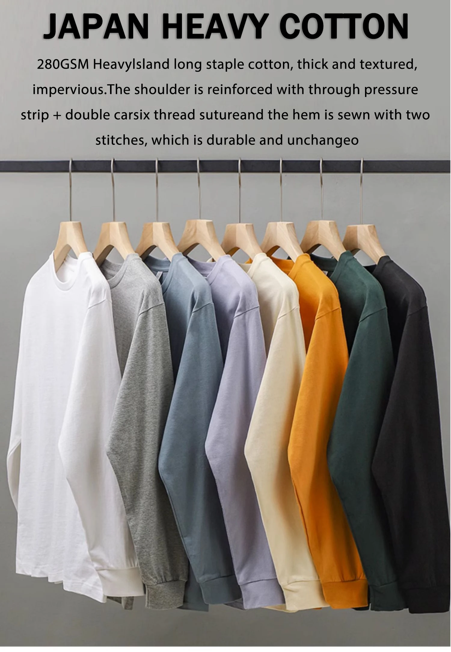 Dukeen 280 g schweres Langarm-T-Shirt für Herren, 100 % Baumwolle, Hemden, übergroße einfarbige Oberteile, schlichte T-Shirts, Herrenbekleidung – Detail 2