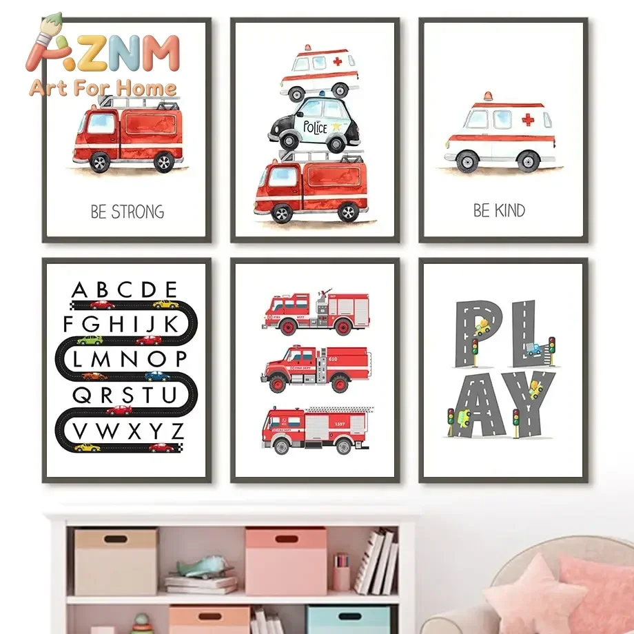 Kids Room Decor Alphabet Learning Vehicles Canvas   Fire Truck  Ambulance Nursery Wall Posters