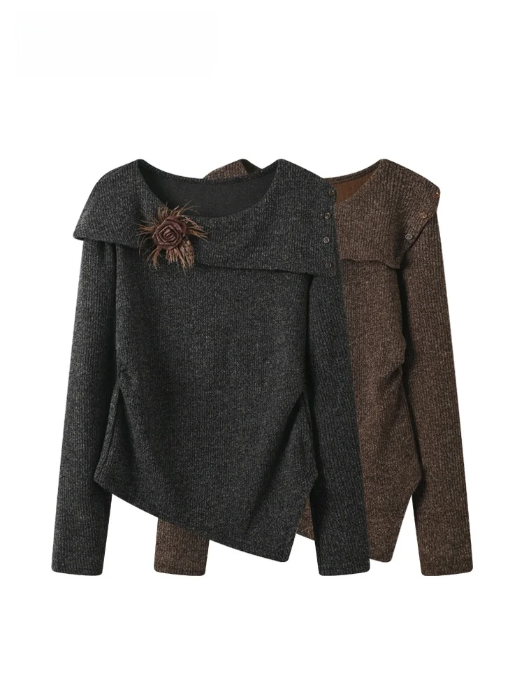 

Вязаный топ больших размеров с длинным рукавом и круглым вырезом, асимметричный, женский, весенний, стройнящий, удобный, дышащий, из полиэфирного волокна