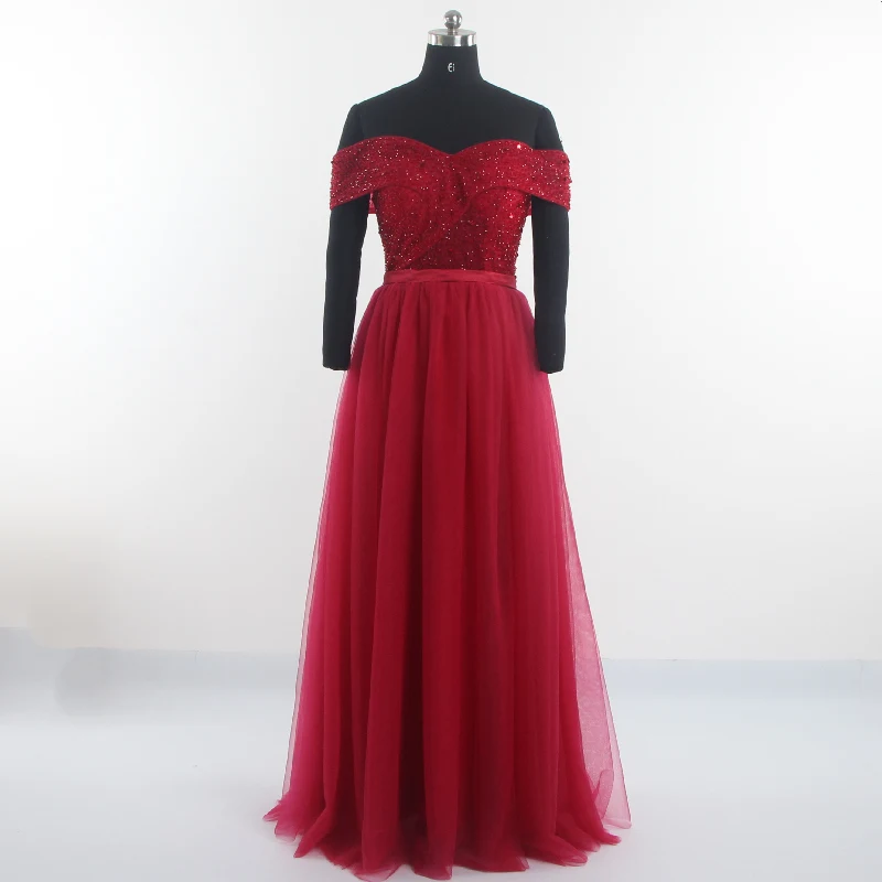 

Evening Dresses Beading Burgundy Off the Shoulder Short Sleeves Tulle A-line Floor-length Lace up Women 2022 Formal Dress E968