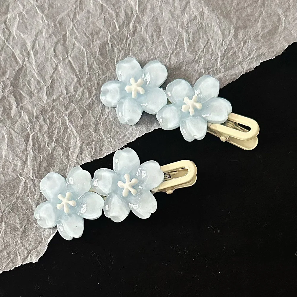 2PCS Premium Touch Blue Jelly Flower Hairpin Elegant Sweet Girly Wind Side Fringe Hairclip Spring Hair Accessories