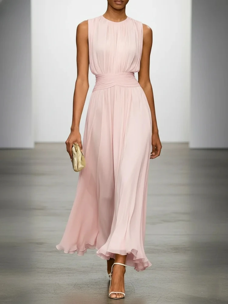 Neues ärmelloses Maxikleid für Damen, O-Ausschnitt, einfarbig, Patchwork, Sommer-Partykleid, Streetwear, Urlaubsmode, Damenkleid, Kleider