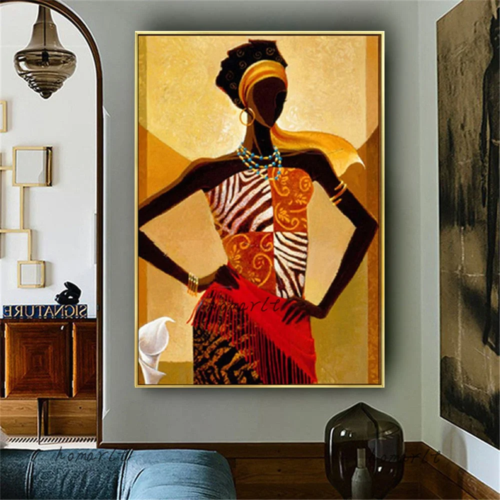 

Bohemian Style Hand-Painted Canvas Drawing Africa Woman Oil Painting Model Ma'am Wall Art Poster For Living Room Home Decor Gift