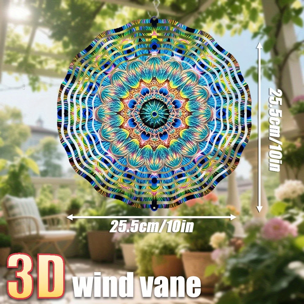 3D Colorful Peacock Feather Circle Wind Spinner - 10 Inch Rainbow Metal Art with 360 Swivel Hook for Garden Balcony Gift