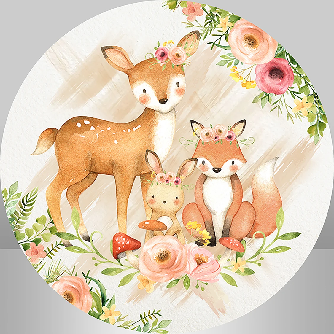 Cartoon Animlas Fox Deer Baby Birthday Circle Round Backdrop Cover Floral Flower Background Photography Photobooth