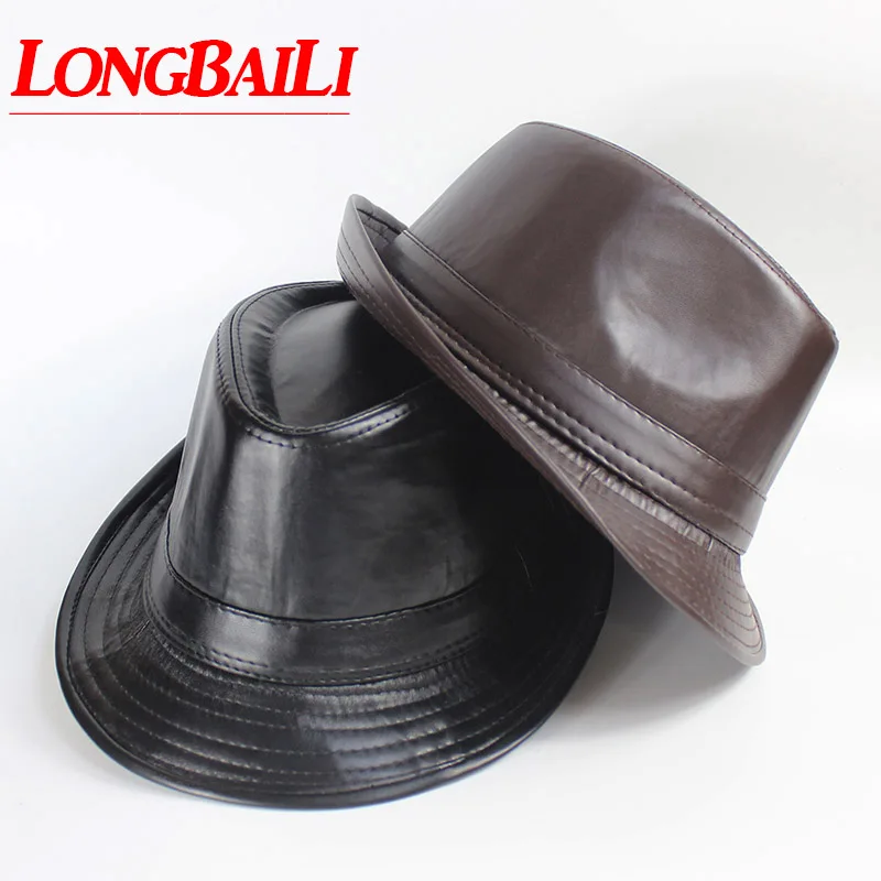 LongBaiLi Unisex Faux Leather Fedora Hats Solid Black Color Headgear Jazz Trilby Cap MEDB020