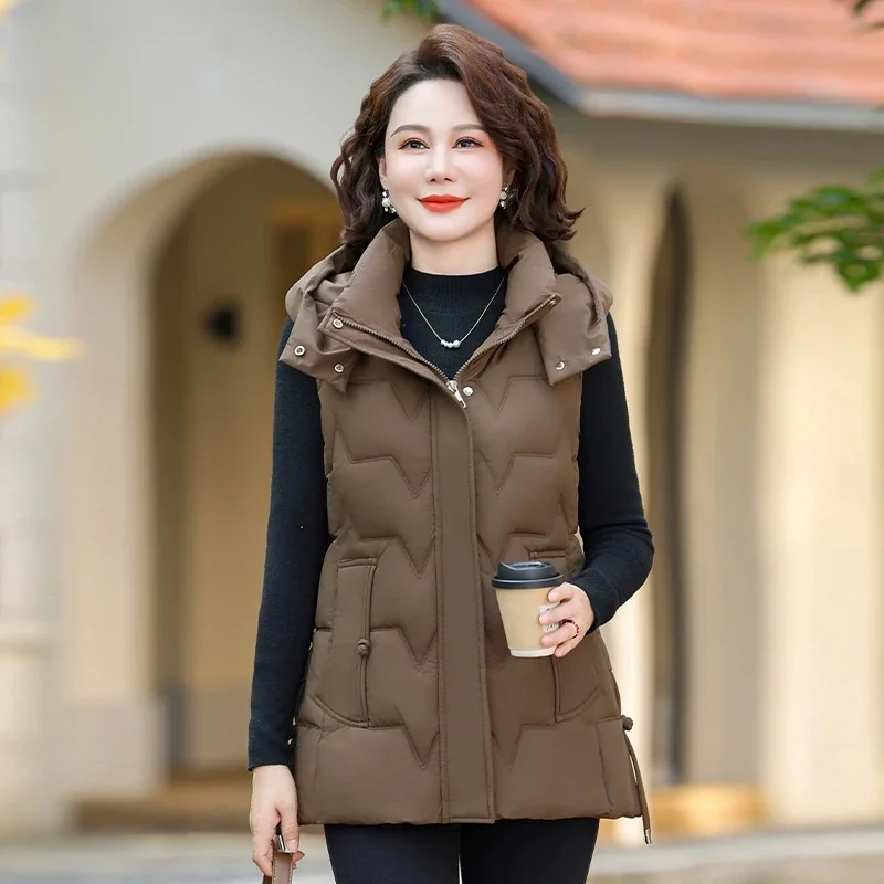 Woman Vest Autumn Winter Warm Down Cotton Vests Thick Removable Hooded Waistcoat Elegant Sleeveless Jacket Vest Coat Female 7XL
