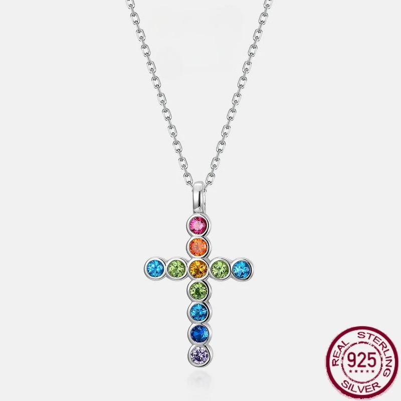 

New S925 sterling silver rainbow set gemstone zircon necklace, European and American fashion, minimalist wedding jewelry