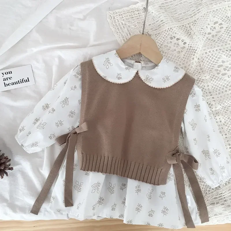

Girls Clothing 2024 Spring Baby Knitted Vest Korean Style Baby Lace Up Tank Top Girls Cotton Casual Simple Soft Vest for Kids