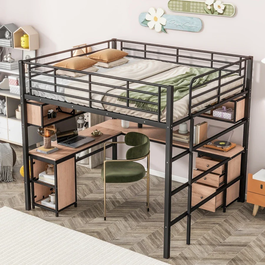 Metal Loft Bed with bookcase, desk and cabinet, Assembly required，Full size,High-quality material and solid construction