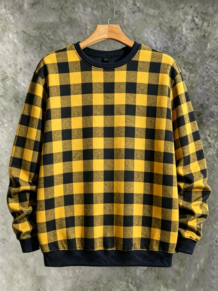 Men's Crewneck Sweatshirt Vintage Yellow Buffalo Check Plaid Long Sleeve Loose Fit Pullover Streetwear