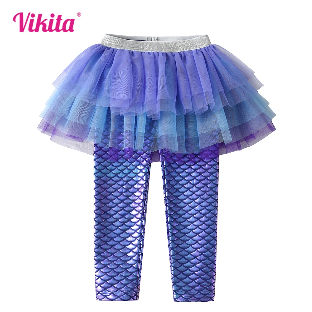 VIKITA Girls Mermaid Print Leggings with Skirts Fake 2 Pcs Children Trousers Skirt Casual Outer Trousers Mesh Tutu Pants Skirts