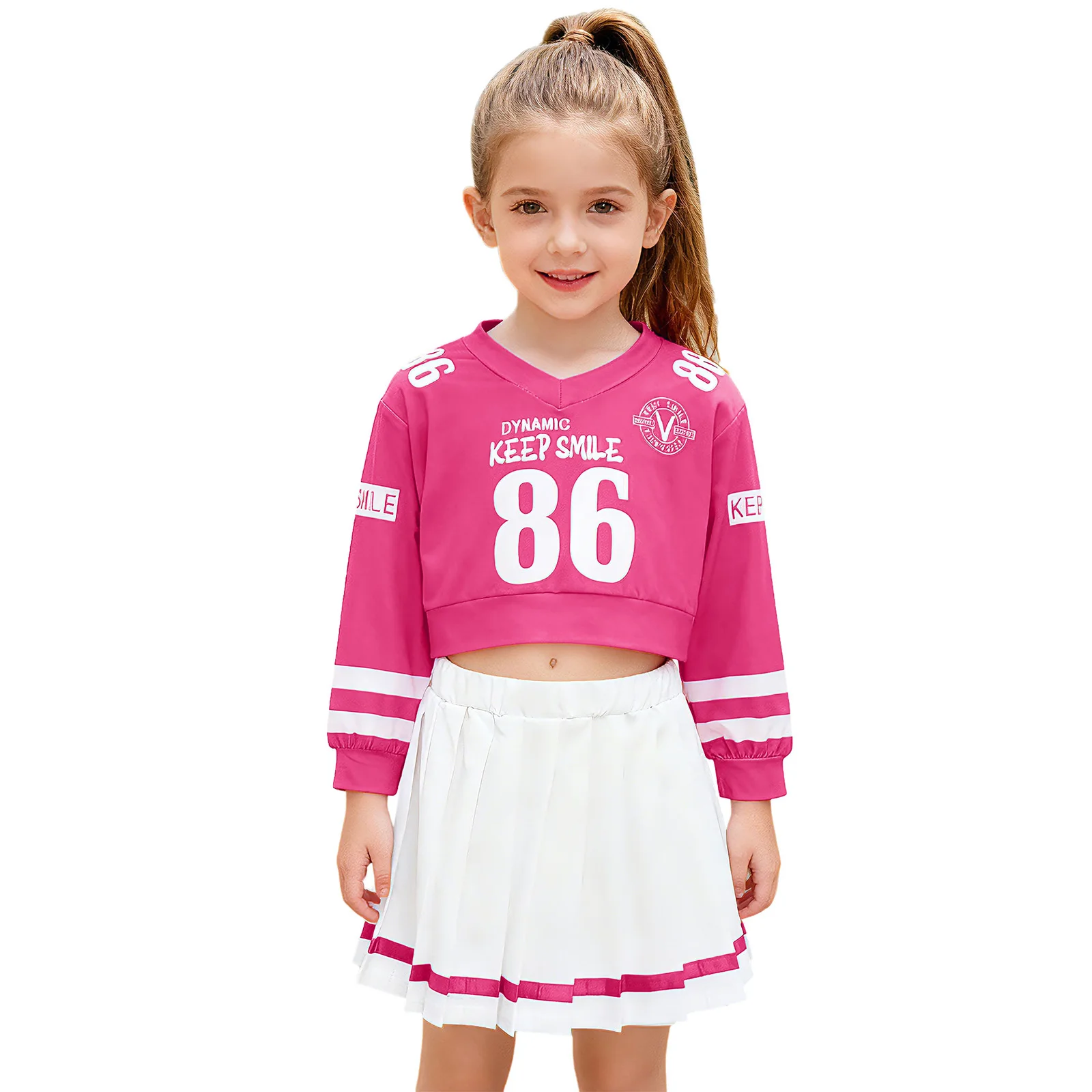 Kids Girls Workout Tennis Outfit Contrasting Long Sleeve Letter Number Print Crop Top with Pleated Skirt for Volleyball Matches