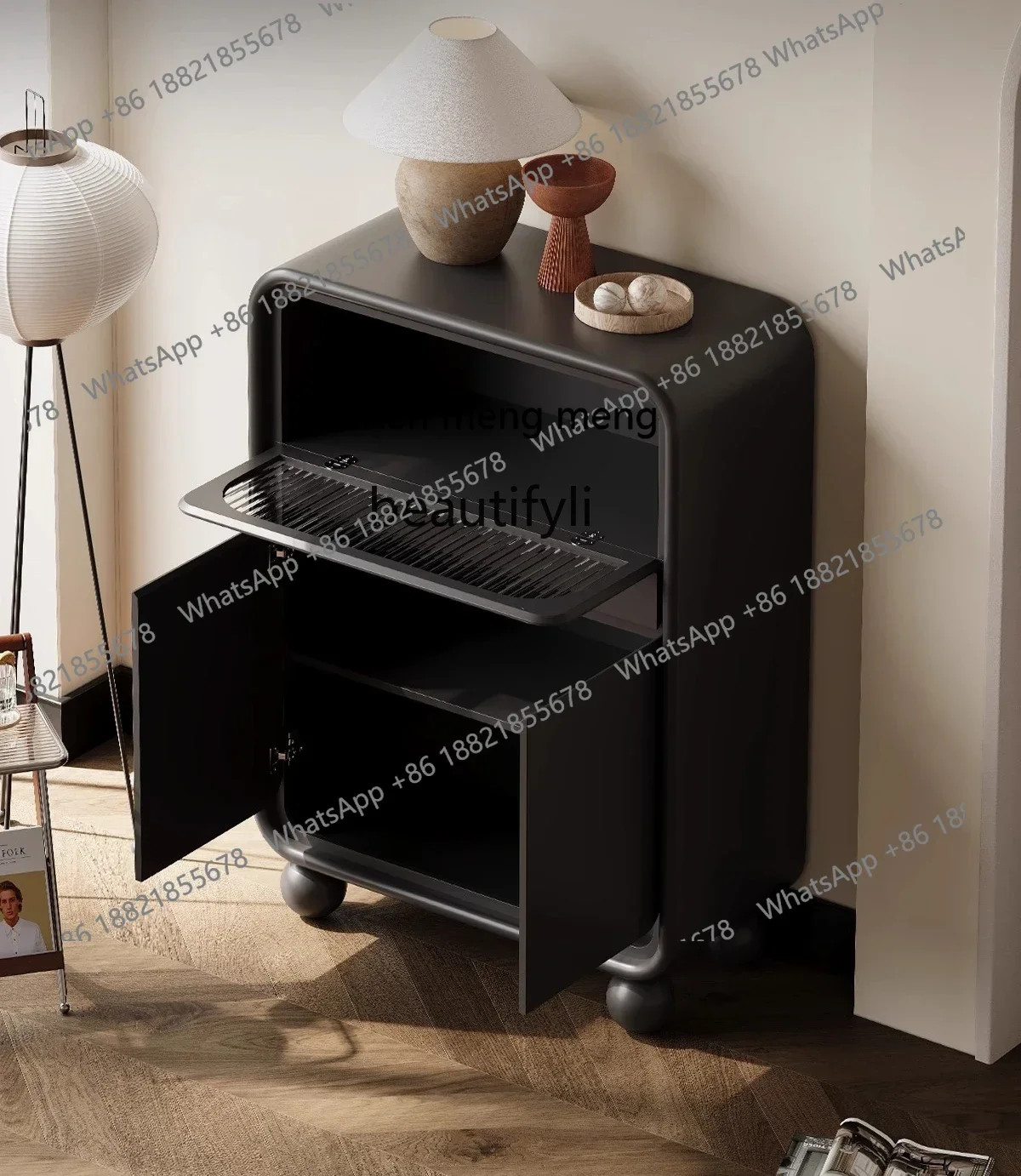 cc182Italian minimalist side cabinet, kitchen guest closet hall designer black storage, narrow entrance cabinet R