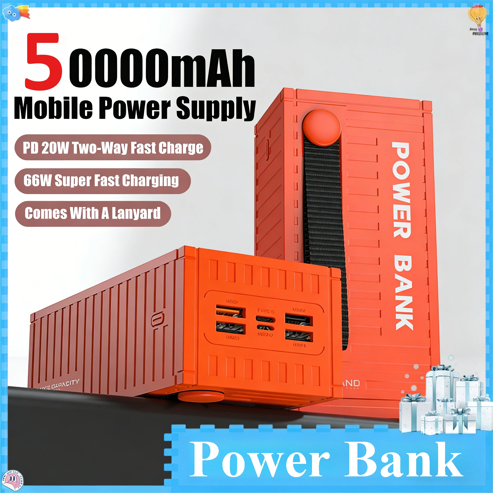 50000mAh Container Power Bank 66W Super Fast Charging PD Bidirectional Charger Portable External Battery for IPhone Android