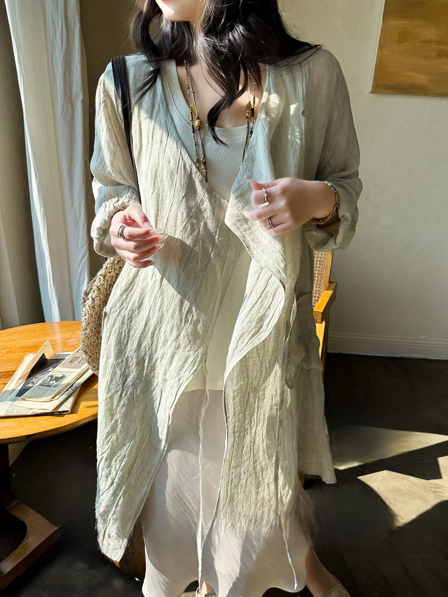 

Ele Pure Linen V-Ne Open Cardigan with Belt Loose Fit Diagonal Sve Design Breathable Comfortable Women's irt