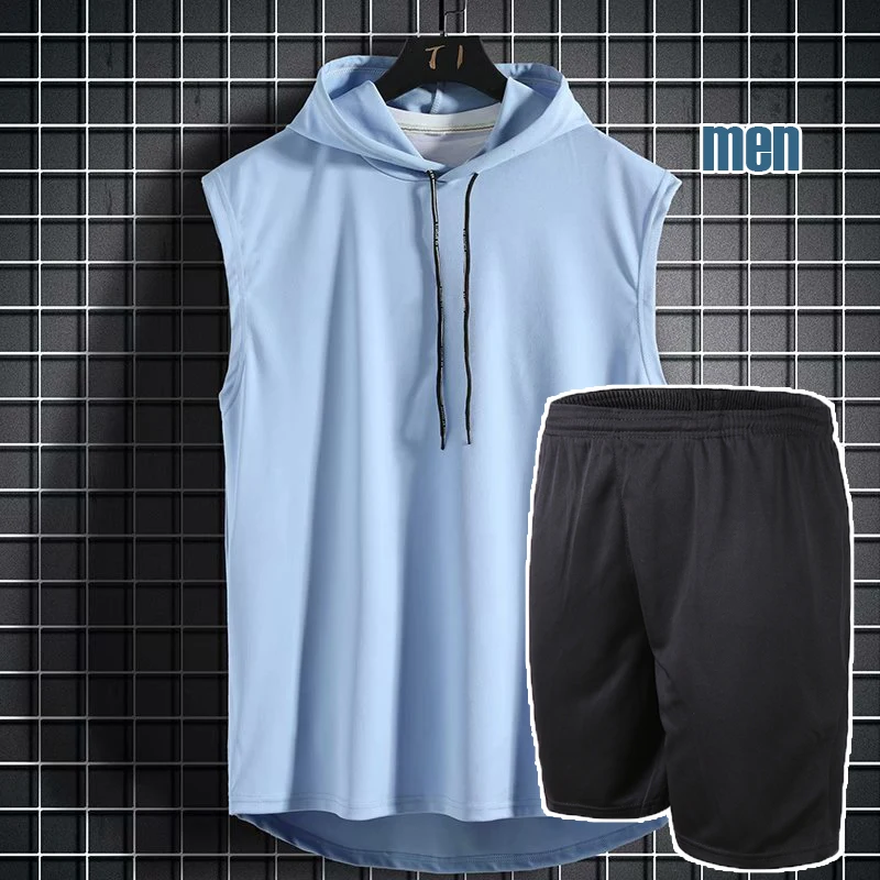 カジュアルなフード付きノースリーブ爽やかレディース夏作業着薄手ゆったりおしゃれカップルノースリーブベストショーツツーピースセット