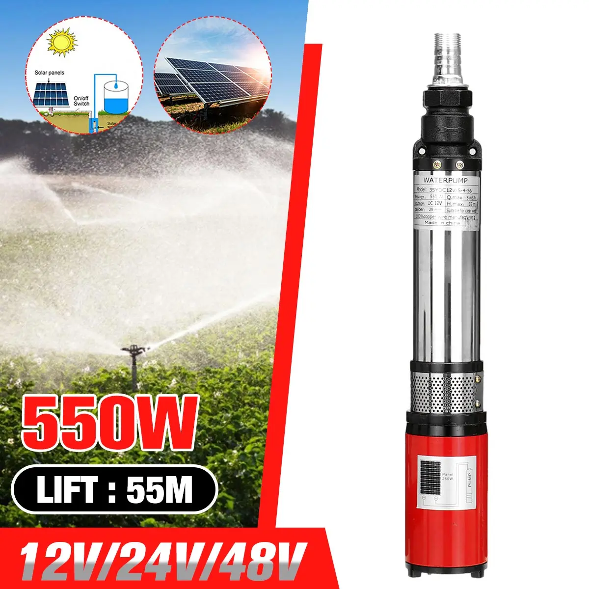 

550W 12V 24V 48V High Lift 55m Submersible Deep Well Pump Submersible Pump Garden Home Agricultural Irrigation Solar Water Pump