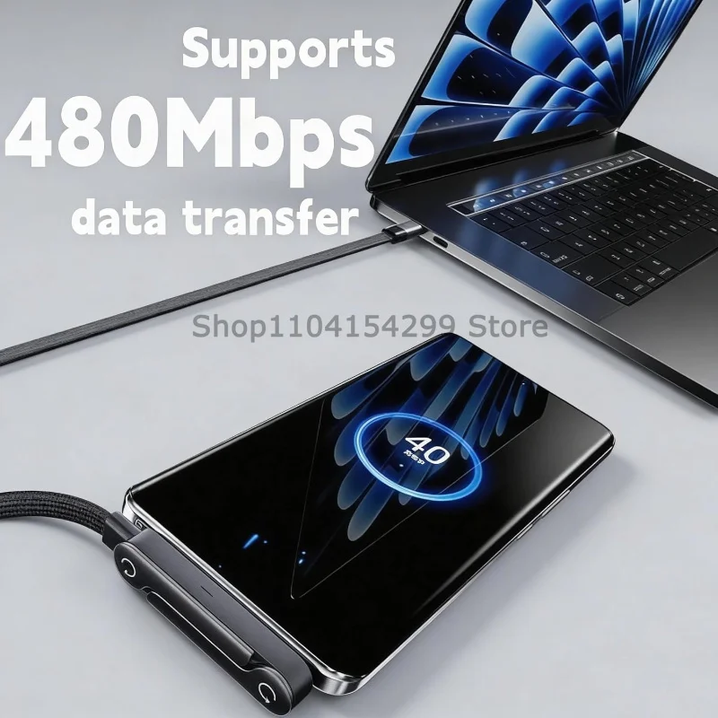 แท่นชาร์จ 240W พร้อมสายชาร์จแบบพับได้ ที่วางโทรศัพท์แบบซ่อนได้ สายชาร์จแบบแบน USB Type C  ขาตั้งสายชาร์จแบบ C