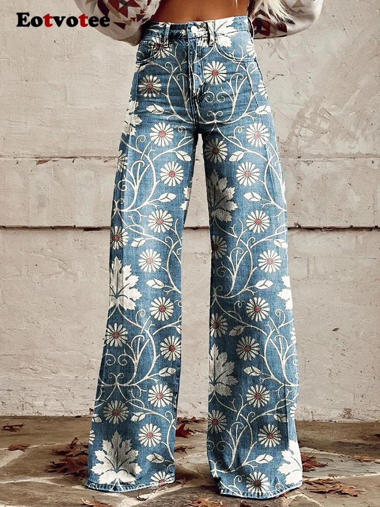 Casual Fashion Print Wide Leg Pant Women High Street High Waist Vintage Loose Jeans Y2k Streetwear 2024 New Autumn Winter Jeans